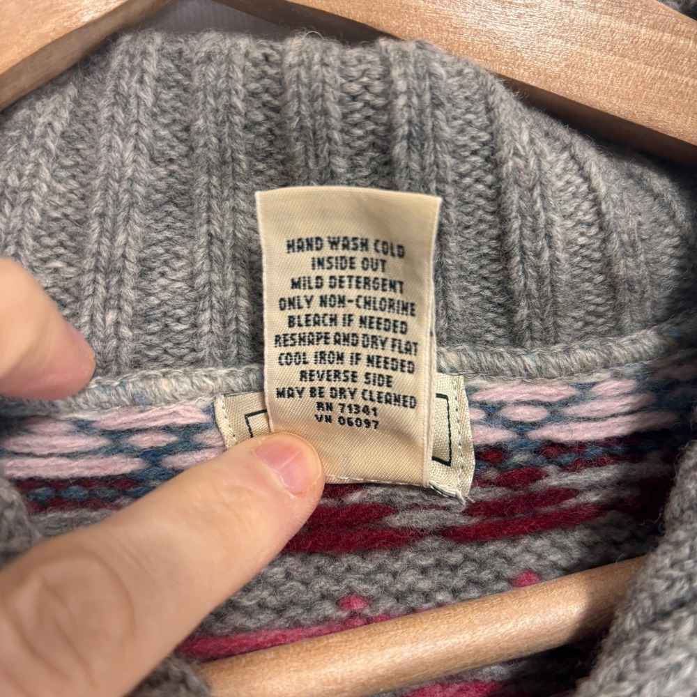 L.L. Bean Cardigan Sweater Womens L Grey Fair Isle Full Zip Wool Nordic‎ Grandma - Picture 7 of 8